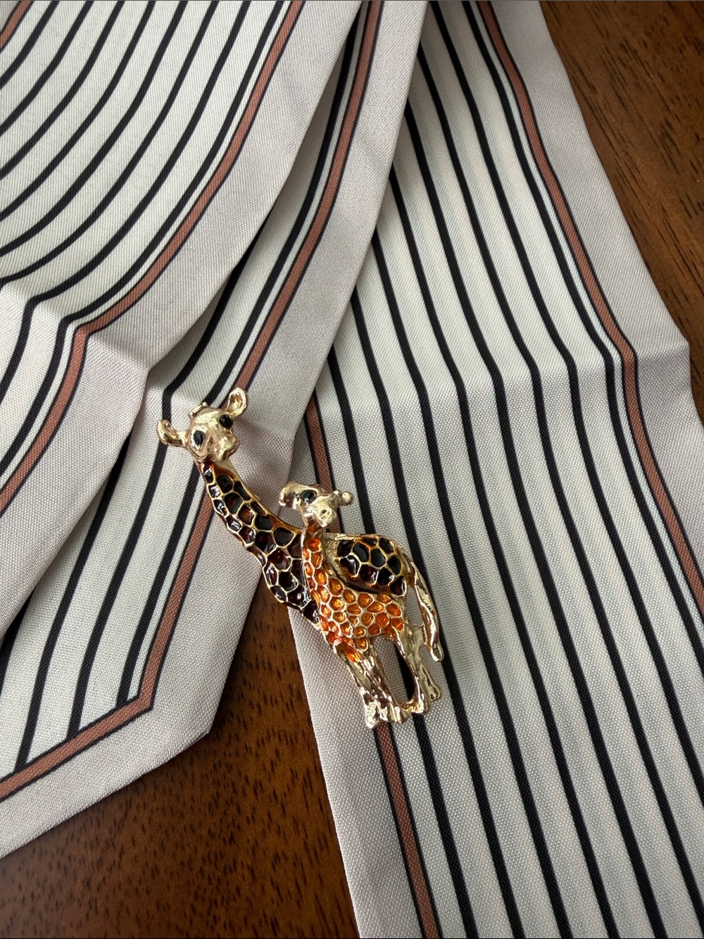 Cream, Black & Brown Striped Silk Scarf for Purse or Hair w/Giraffe Brooch
